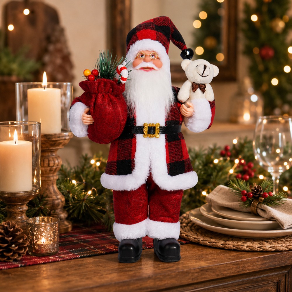 Vintage Collectible Santa - Rot- und schwarz karierte Weihnachtsmann-Figur zum