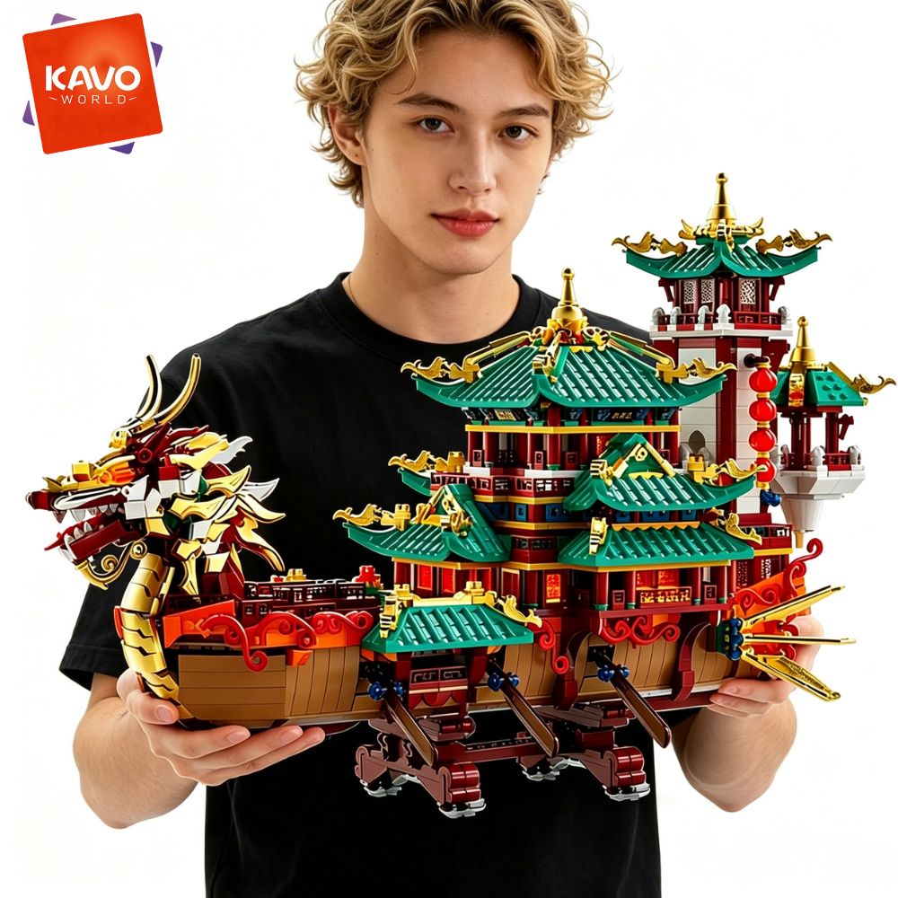Vintage Toys Collector - KAVOWORLD 2453-teiliger Drachenboot-Bausatz, Chinesisches Antikes Pavillon-Schiff